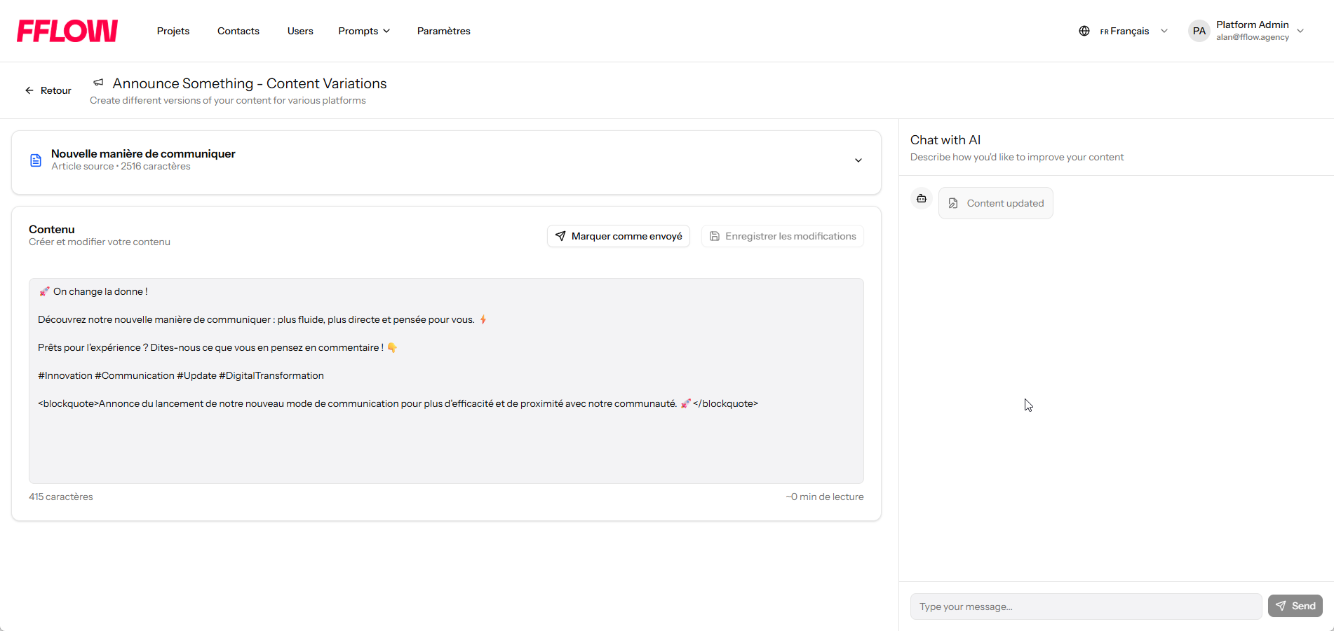 The FFLOW content editor with a chat panel used to refine a generated post