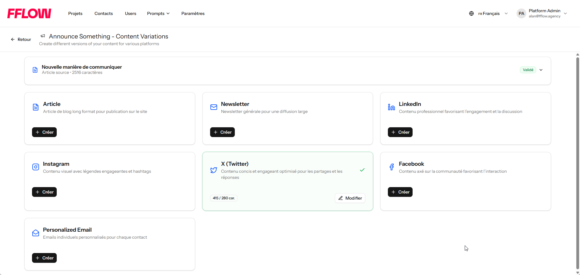 A validated source article generating an article, a newsletter, a LinkedIn post and a finished X post in the FFLOW beta
