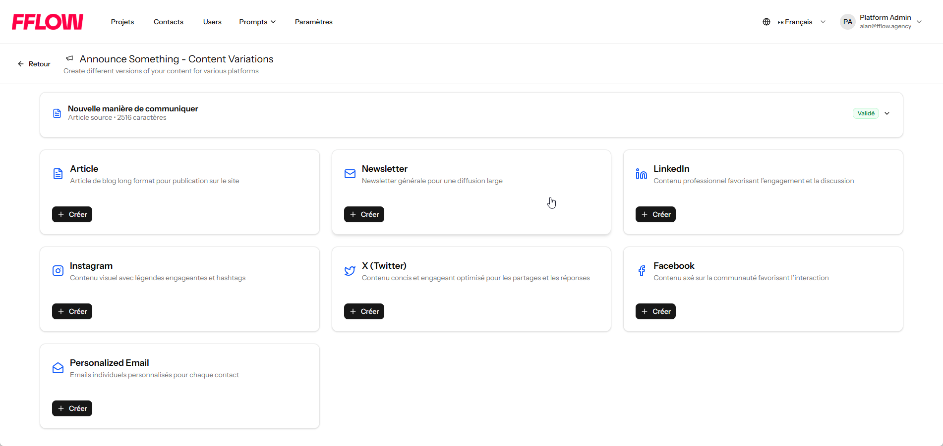 FFLOW Communication Assistant turning one source article into versions for Article, Newsletter, LinkedIn, Instagram, X, Facebook and personalized email